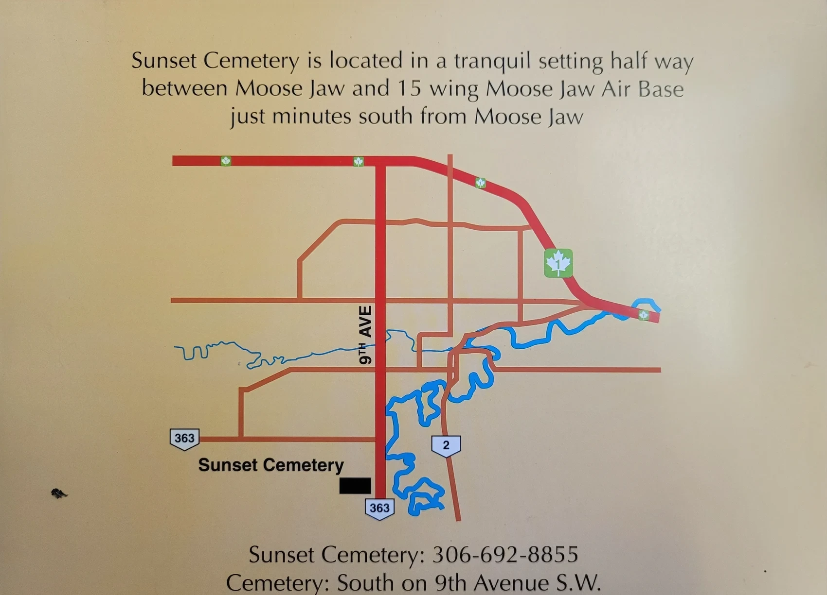 Client-supplied road map showing Sunset Cemetery south of Moose Jaw on 9th Avenue S.W.